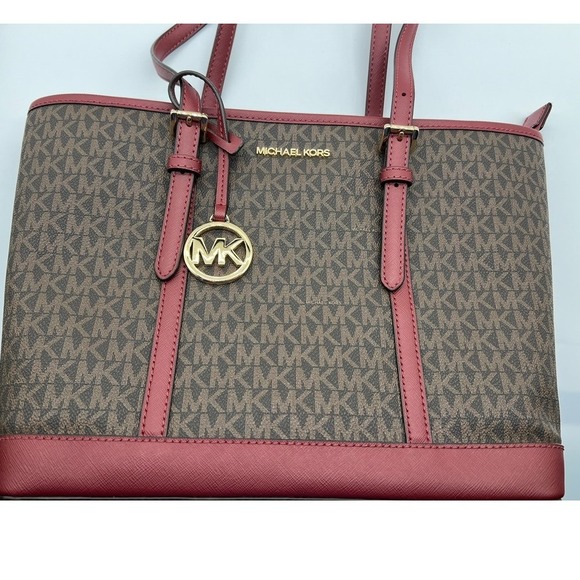 Michael Kors Womens Jet Set Travel Small Logo Top-Zip Tote Bag NWT - Dark Cherry - Picture 8 of 11